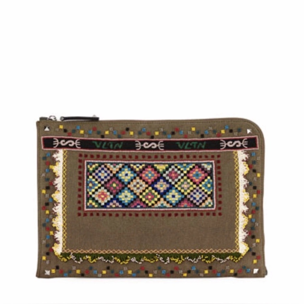 new VALENTINO  Garavani beaded canvas large unisex Clutch Olive Color